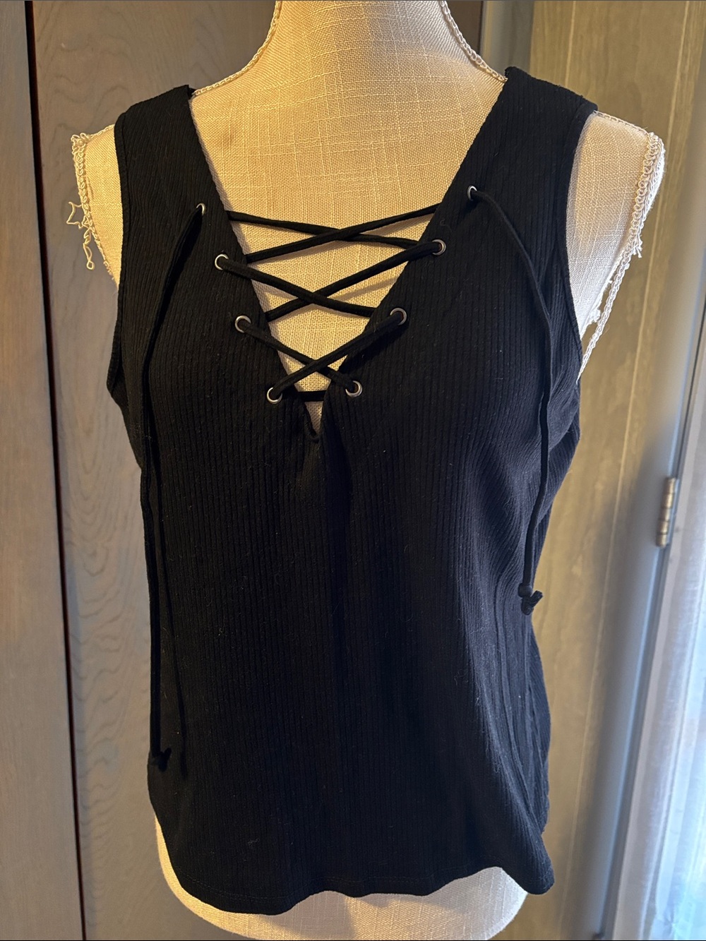 Rue21 Black Lace Up Tank Top Ribbed Shirt Sexy Festival Bohemian Hippie Rock